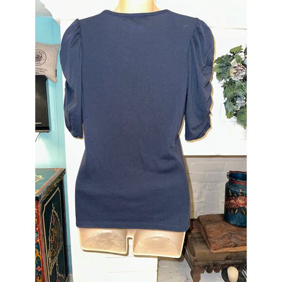 FRAME NAVY RUCHED SLEEVE 100% COTTON TEE S - Picture 3 of 8